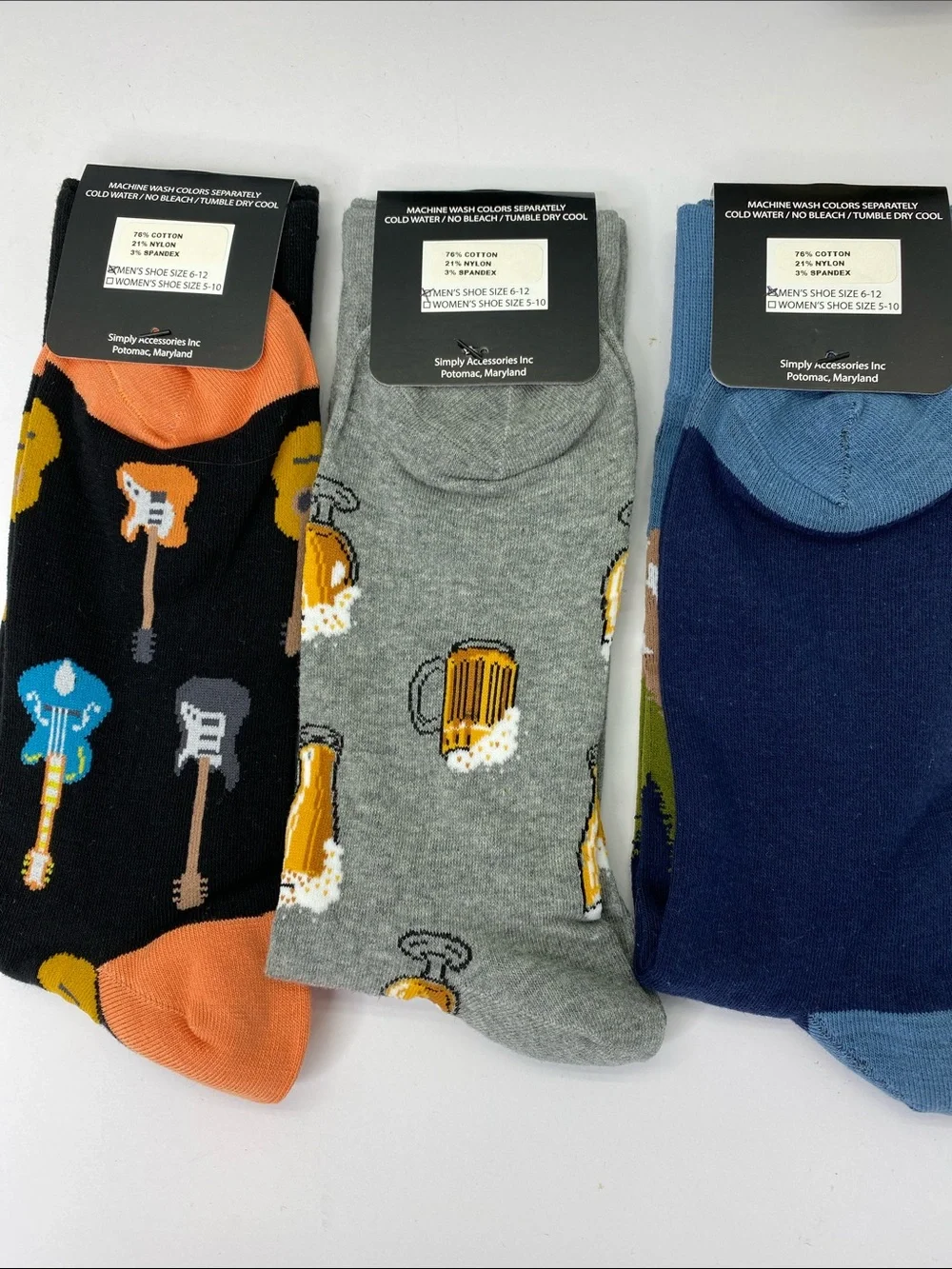 Men’s Novelty Crew Socks - Black, Gray, Blue - 3 Pack